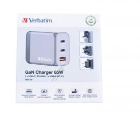 Verbatim Usb Power Supplies - Gnc-65 32201 Gnc-65 Gan Charger 65w Eu-uk-us 2x Usb-c - 1x Usb-a